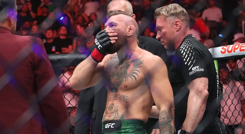 Conor McGregor after suffering a leg injury that ended his comeback fight in Las Vegas on July 11th. Photograph: Tom Hogan/Inpho