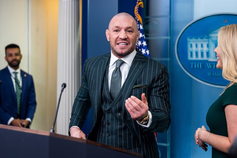 Conor McGregor addresses the media in the White House press briefing on St Patrick's Day last year before meeting Donald Trump in the Oval Office. Photograph: Jim Lo Scalzo/EPA/Bloomberg/Getty