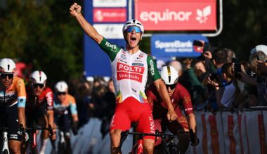 Lonardi celebrating as he wins stage 1