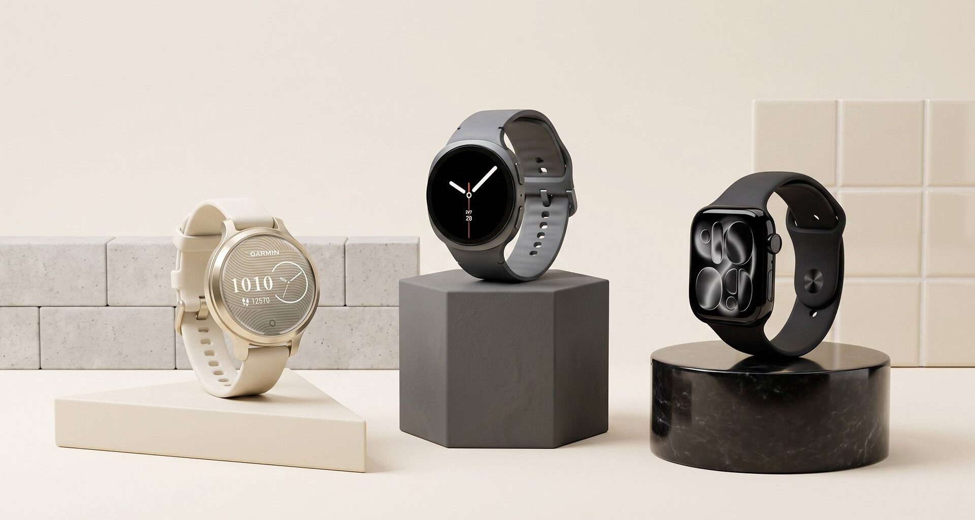 Smartwatches by Apple, Samsung, and Garmin.