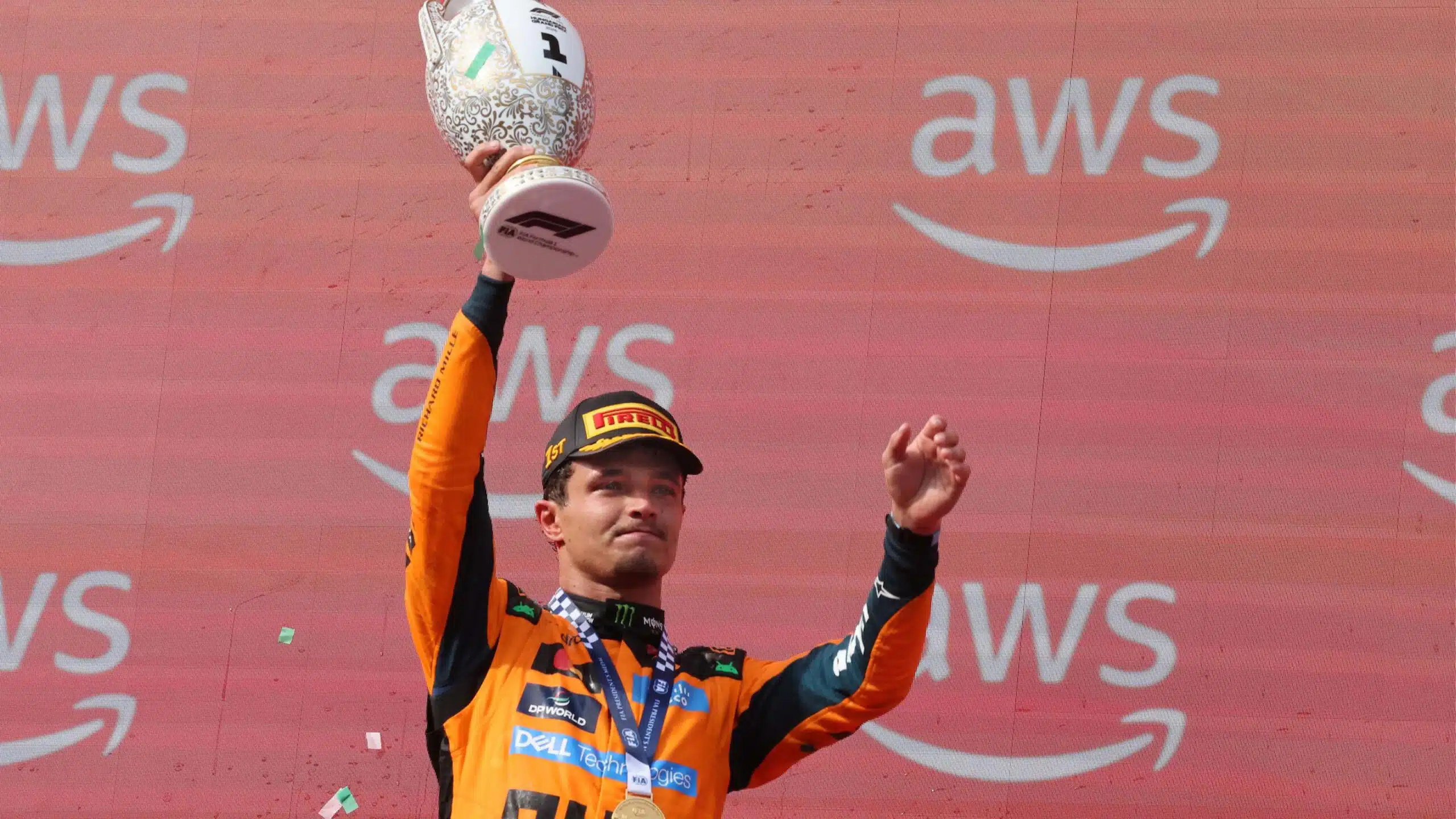 Lando Norris holds the winning trophy after the 2026 f1 Hungarian Grand Prix