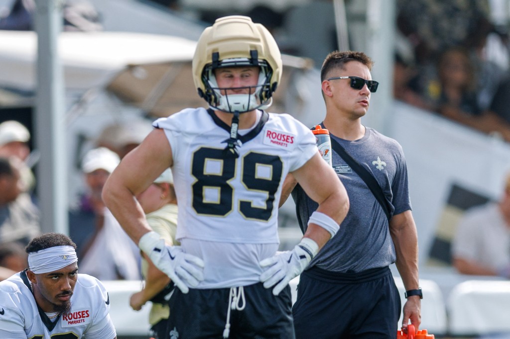 New Orleans Saints wide receiver Brock Rechsteiner (89) during training camp at Ochsner Sports Performance Center.