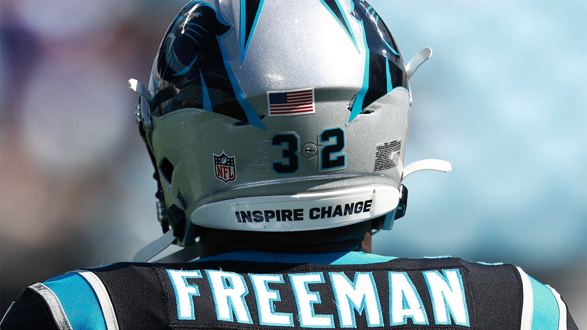 A detailed view of the helmet of Royce Freeman #32 of the Carolina Panthers that reads, 