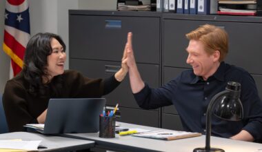 Ramona Young and Domhnall Gleeson in The Paper season 2