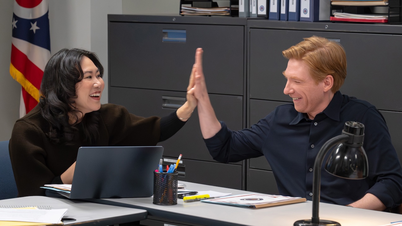 Ramona Young and Domhnall Gleeson in The Paper season 2