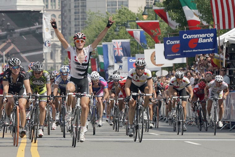 Matti Breschel raises his arms after winning the Philadelphia International Championship Liberty Classic along the Benjamin Franklin Parkway on June 8, 2008.