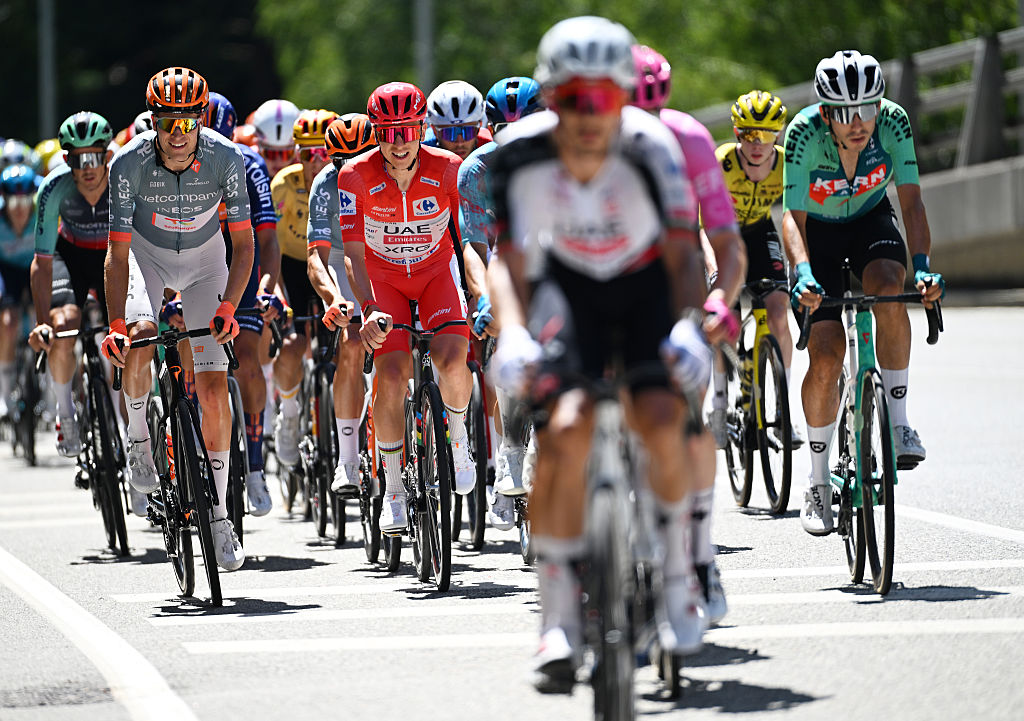 ANDORRA LA VELLA, ANDORRA - AUGUST 25: (L-R) Embret Svestad-Bardseng of Norway and Netcompany INEOS Cycling Team and Tadej Pogacar of Slovenia and UAE Team Emirates XRG - Red Leader Jersey compete during the La Vuelta - 81st Tour of Spain 2026, Stage 4 a 104.8km from Andorra la Vella to Andorra la Vella / #UCIWT / on August 25, 2026 in Andorra la Vella, Andorra. (Photo by Tim de Waele/Getty Images)