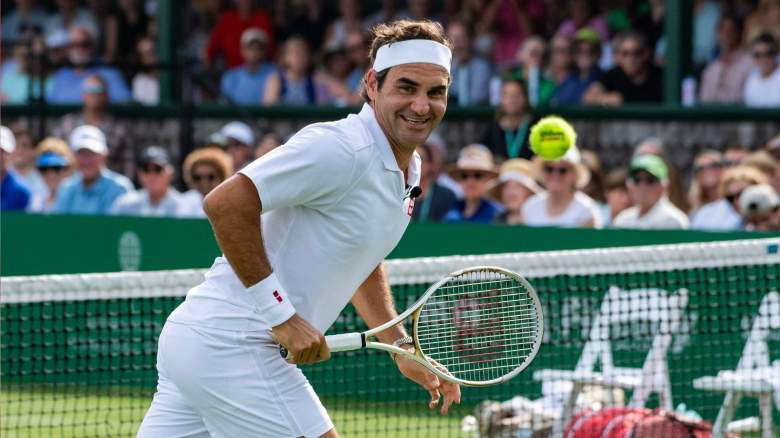 Swiss former tennis player Roger Federer, Class of 2026 Inductee, eyes the ball during the International Tennis Hall of Fame Celebrity Pro Classic in Newport, Rhode Island, on August 28, 2026.