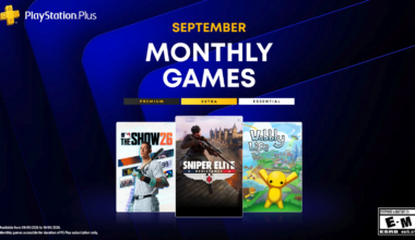 a collage of mlb the show, wobbly life and sniper elite resistance game covers as the ps plus games for september