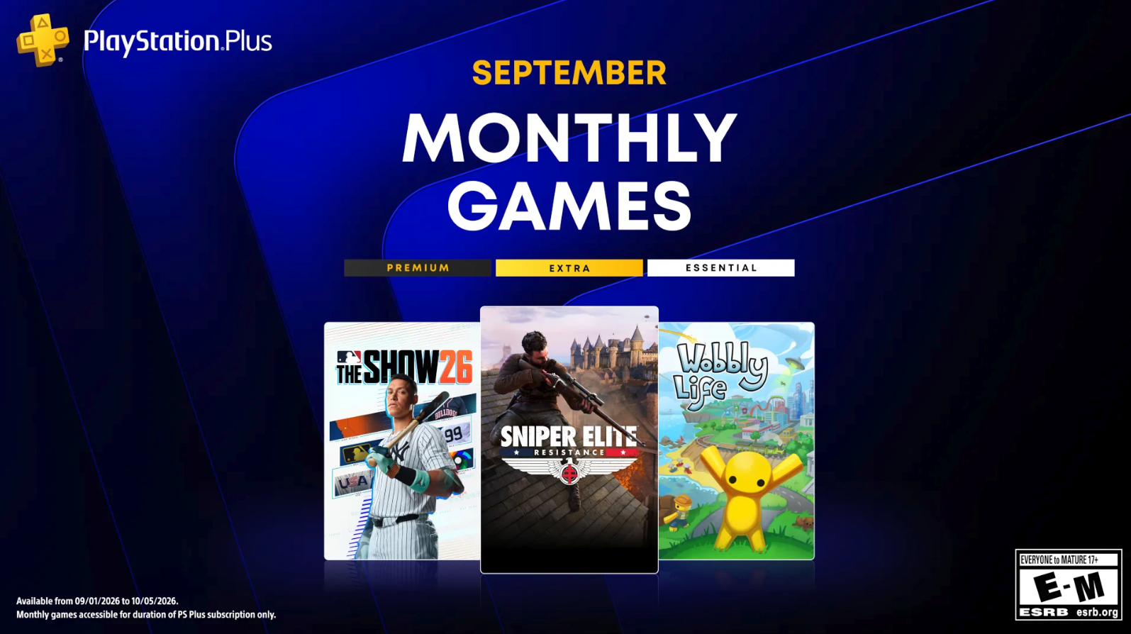 a collage of mlb the show, wobbly life and sniper elite resistance game covers as the ps plus games for september