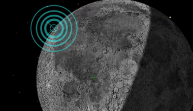 A photograph of a moon shows a highlighted area where part of a rocket recently crashed down.