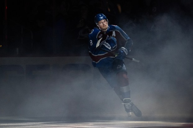 Defenseman Cale Makar (8) of the Colorado Avalanche takes the ice before the first period of Game 1 of the second round of the Stanley Cup Playoffs against the Minnesota Wild on Sunday, May 3, 2026, at Ball Arena in Denver. (Photo by Timothy Hurst/The Denver Post)