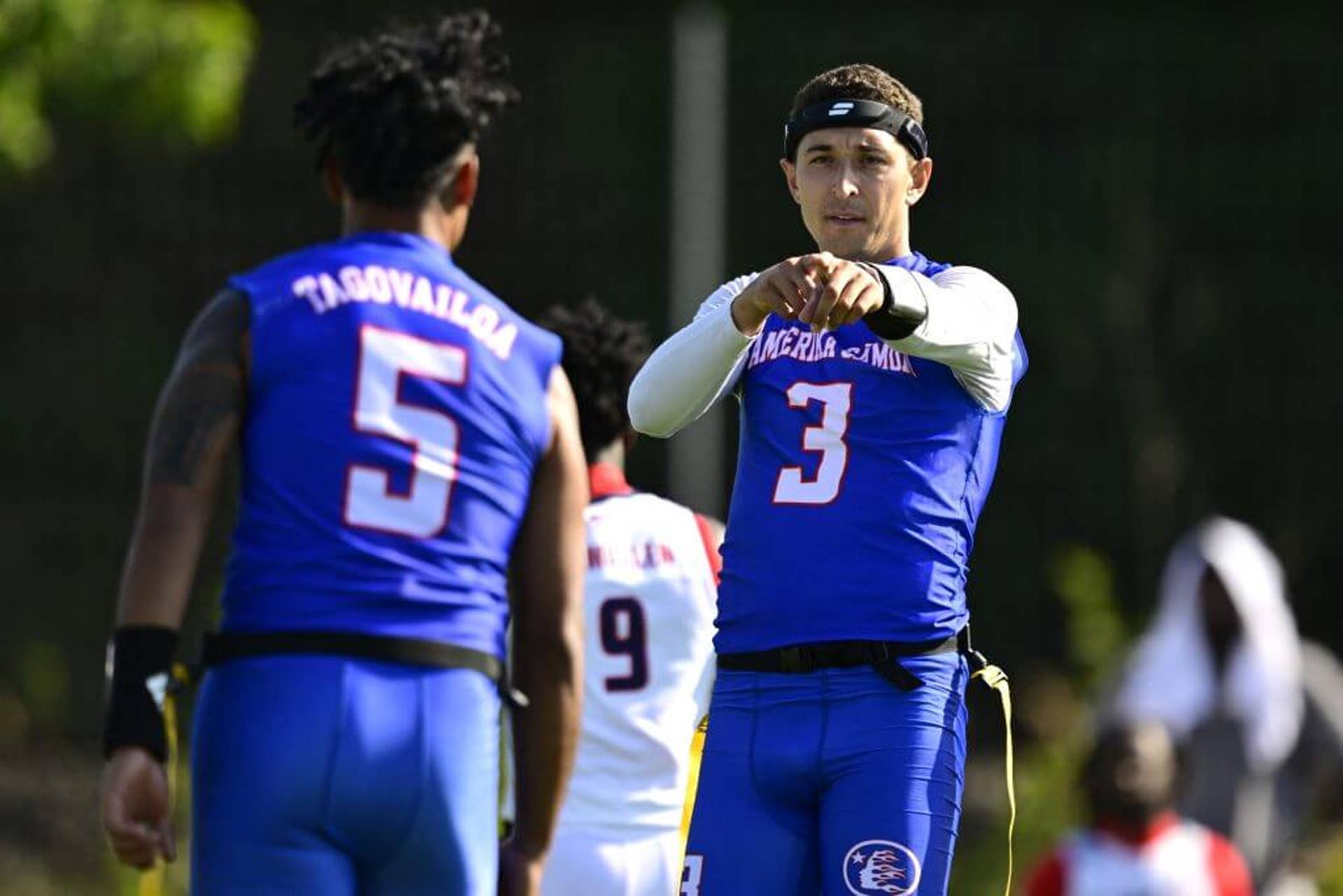 American Samoa's Tai Natani-Othoniel Tiedemann (right) and Taulia Tagovailoa celebrate during the men's match against the U.S.