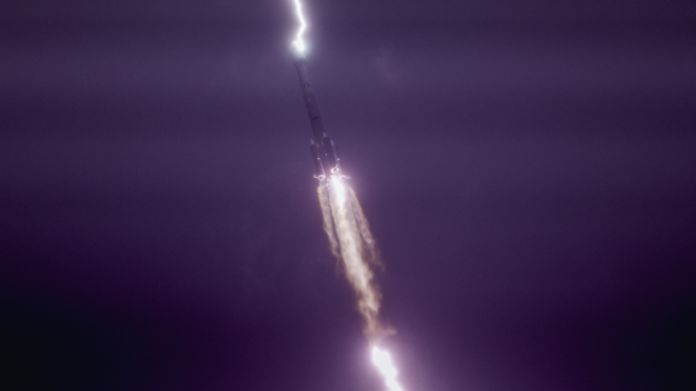 Photo of the rocket in the air with lightning striking the rocket