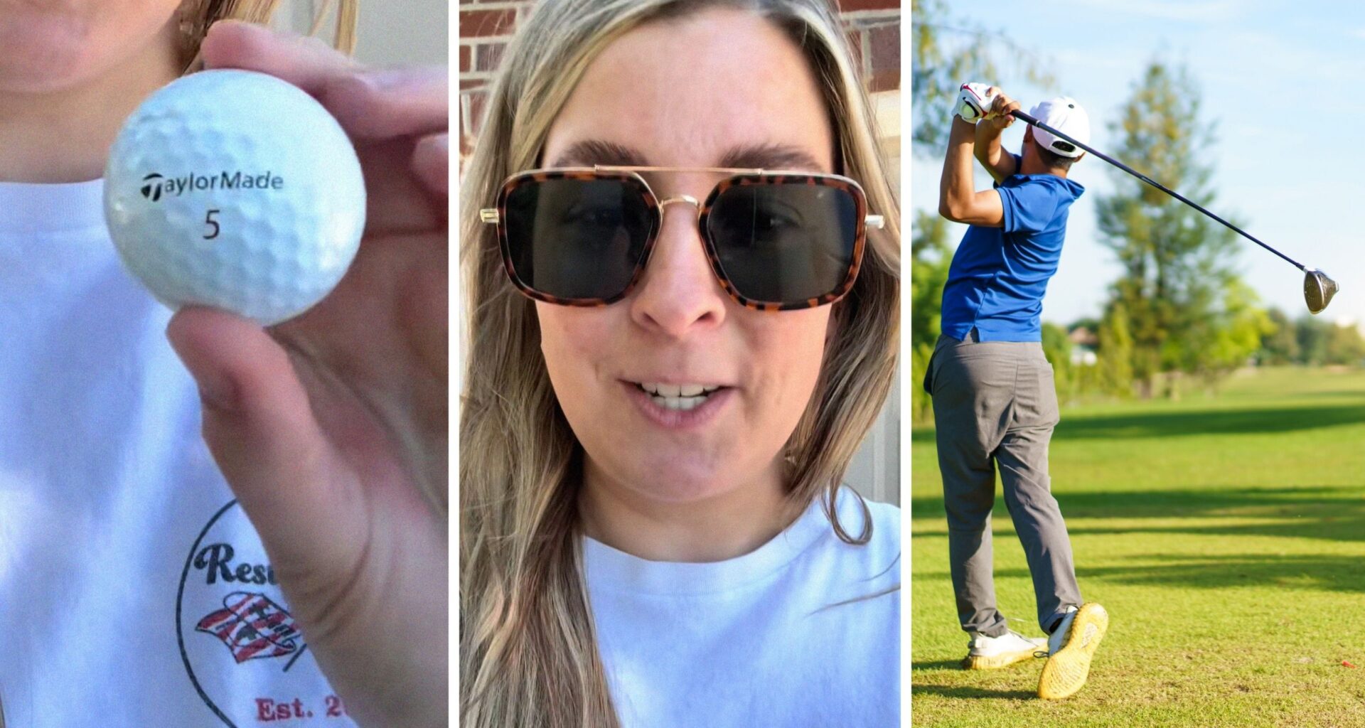 golf ball (l) woman shares PSA to golfer (c) man at golf course (r)
