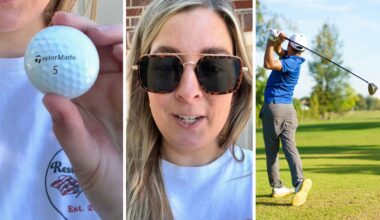 golf ball (l) woman shares PSA to golfer (c) man at golf course (r)