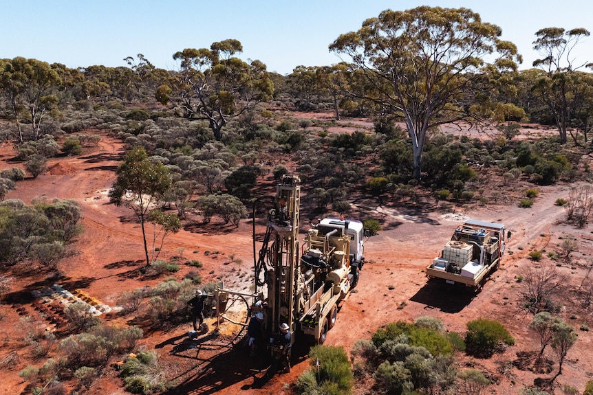 A drill rig in an outback area, as seen from above.