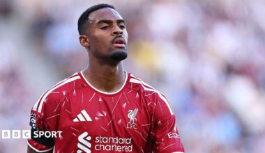 Ryan Gravenberch looks downcast during Liverpool's game at Newcastle
