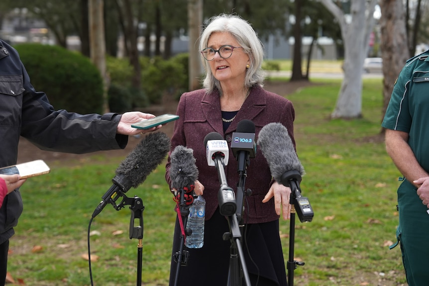 A woman in a burgundy coat speaks in front of a microphone.