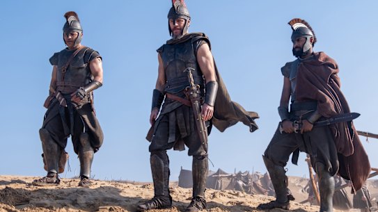 From left, Jimmy Gonzales ia Cepheus, Matt Damon as Odysseus and Himesh Patel as Eurylochus in a scene from The Odyssey.