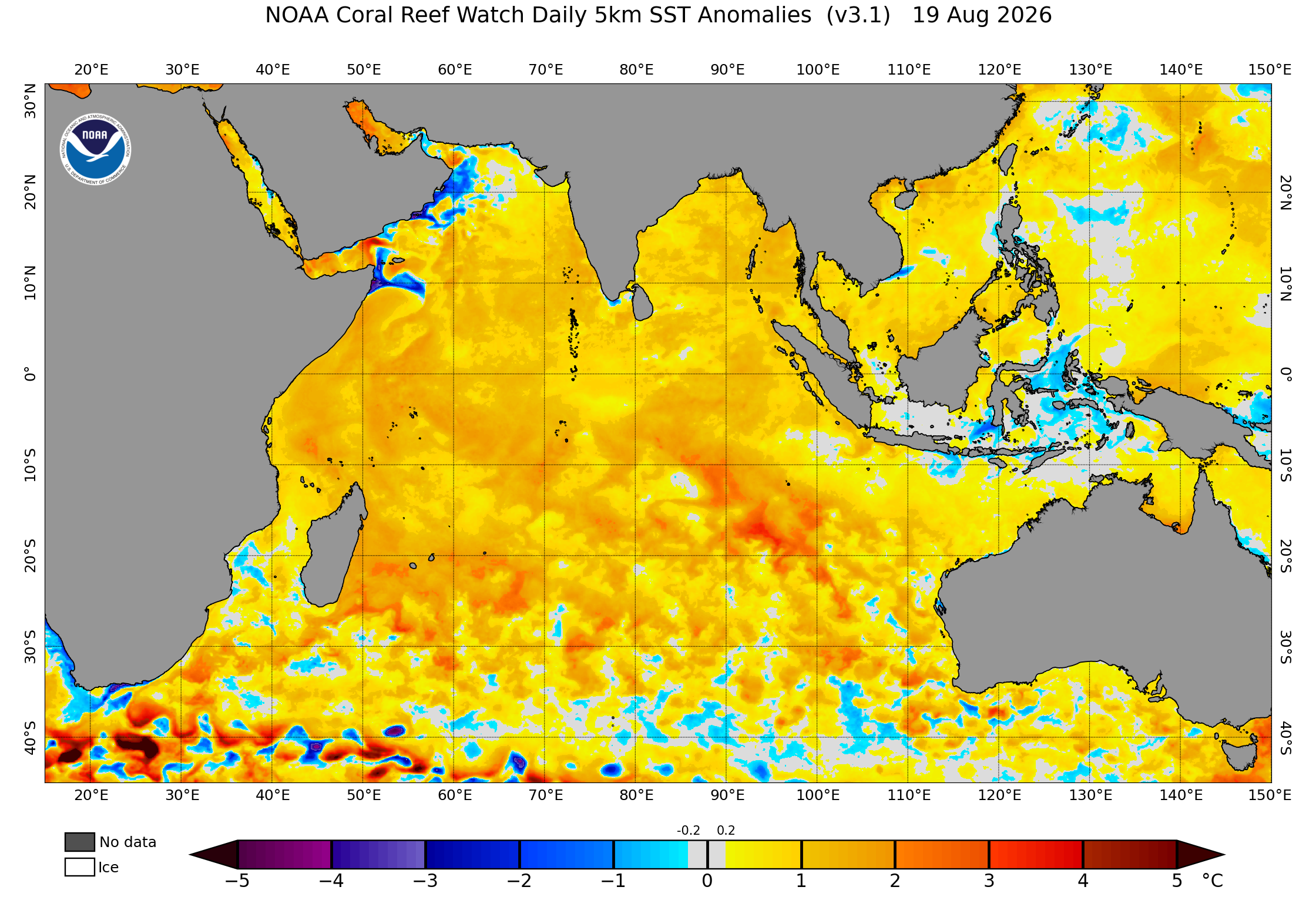 A weather map shows waters across the Indian Ocean are currently 1 degrees Celsius to 2C above average.