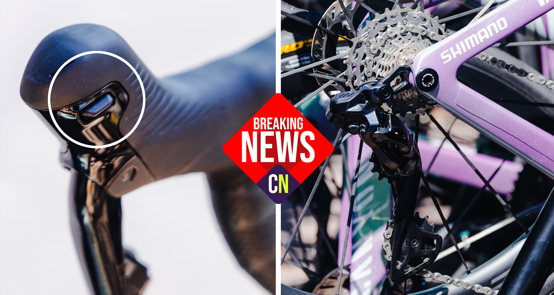 Two close up images of Shimano Dura-Ace, side by side, showing the shifter, derailleur and cassette, overlaid with a breaking news badge