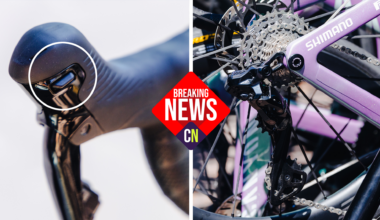 Two close up images of Shimano Dura-Ace, side by side, showing the shifter, derailleur and cassette, overlaid with a breaking news badge