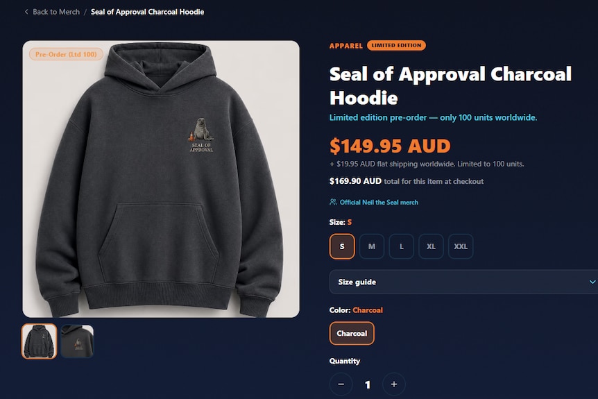 A screenshot of a website selling a $150 hoodie featuring Neil the seal.