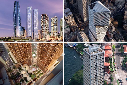 The highs and lows, clockwise from top left: One Barangaroo (Packer’s Pecker), Quay Quarter, Blues Point Tower and Castlereagh Place.