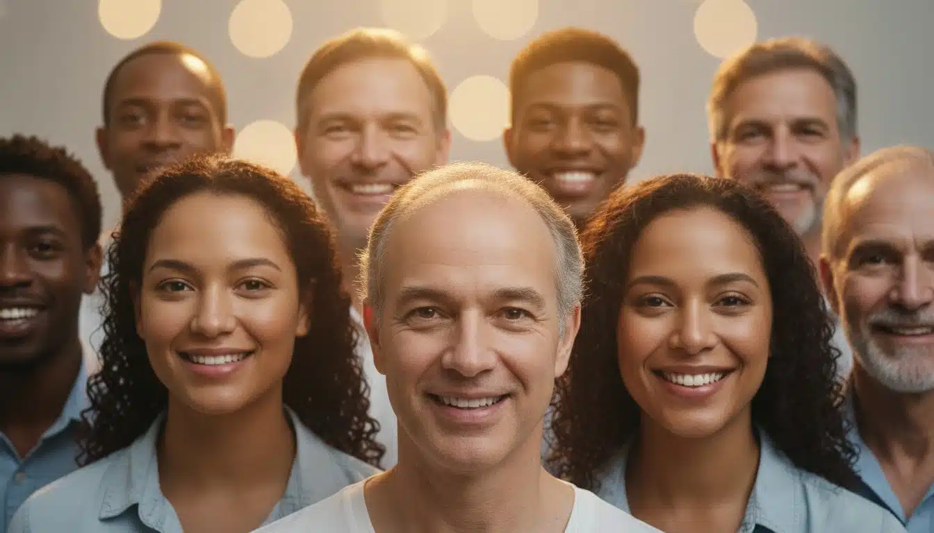 Diverse group of alopecia areata patients showing signs of hair regrowth, expressing hope and confidence