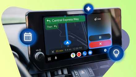 Android Auto display with Gemini, calendar, and idea icons