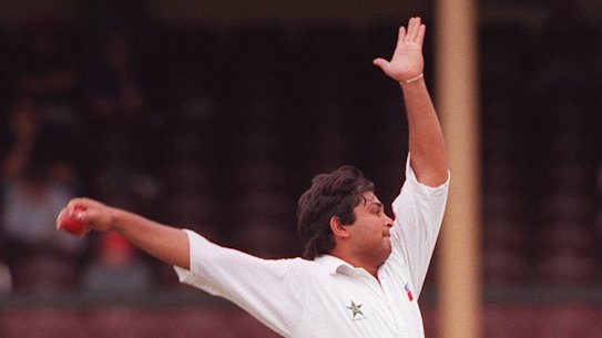 Spin whiz Mushtaq Ahmed in full flight in his playing days for Pakistan.