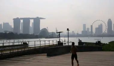 A hazy city skyline as seen from Gardens by the Bay at 4.50pm on Aug 24.