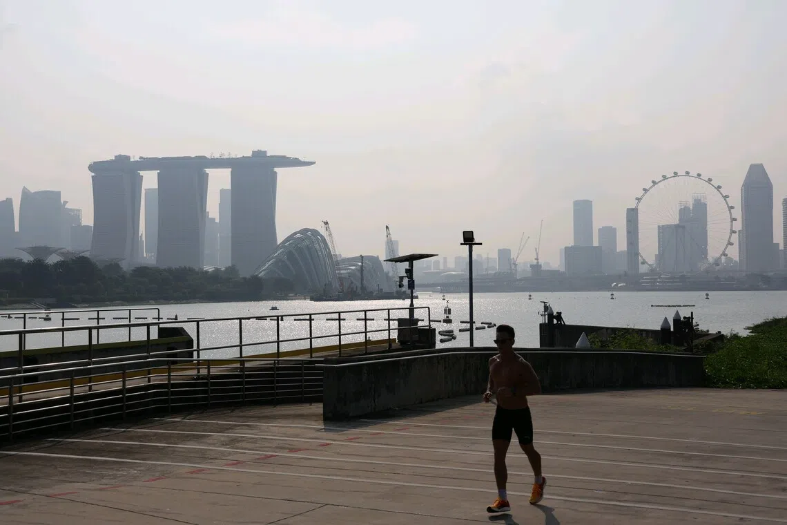 A hazy city skyline as seen from Gardens by the Bay at 4.50pm on Aug 24.