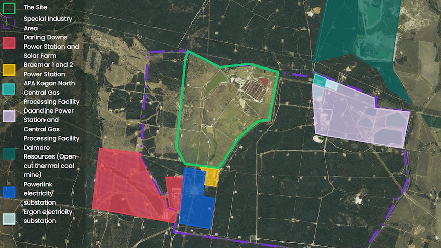 A map showing the proposed site of the Western Downs Digital Park and surrounding energy sources.