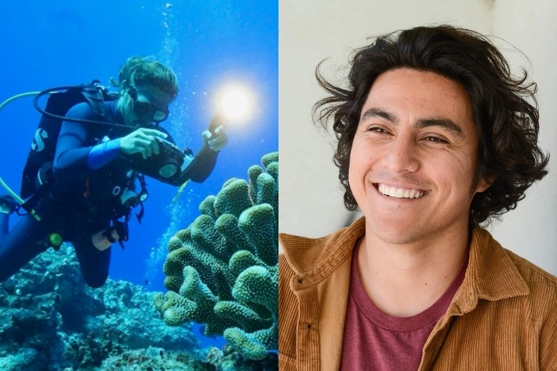 A split image showing a scuba diver photographing coral and a smiling, dark-haired man in a corduroy shirt.