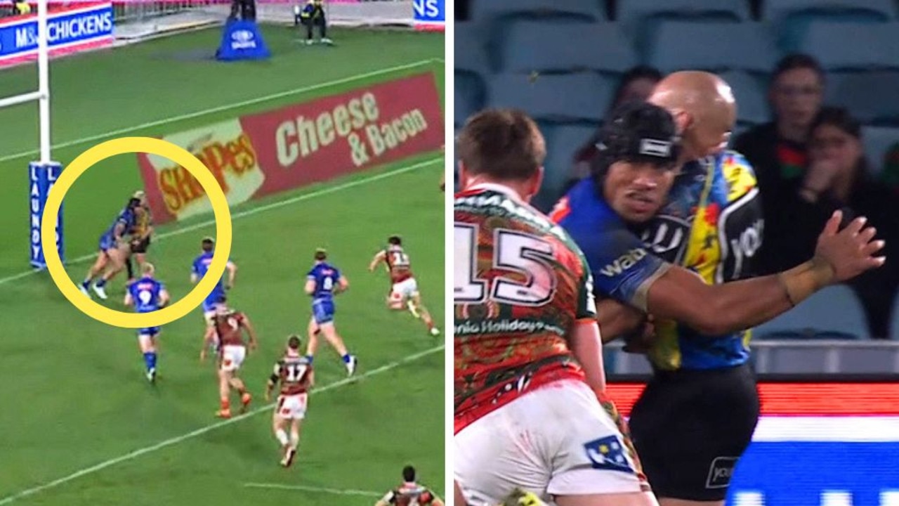 NRL 2026: Stephen Crichton bumps into Ashley Klein in act of ‘gamesmanship’ to deny Rabbitohs try