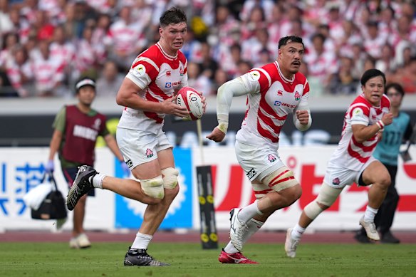Japan’s Harry Hockings takes on France during a Nations Championship match in July.