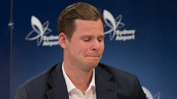 Australian cricketer Steve Smith at his 2018 press conference at Sydney Airport over the sandpaper scandal.