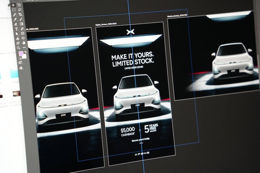 EV marketing material displayed in an editing program on a computer.