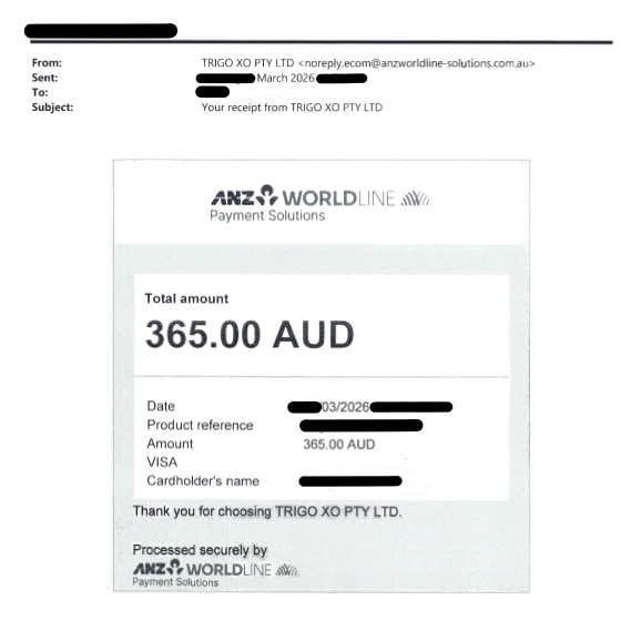 An ANZ bank receipt for $365 that went to Trigo XO Pty Ltd.