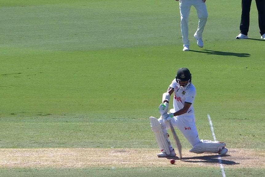 A screengrab of a cricket batter hitting a ball into the ground