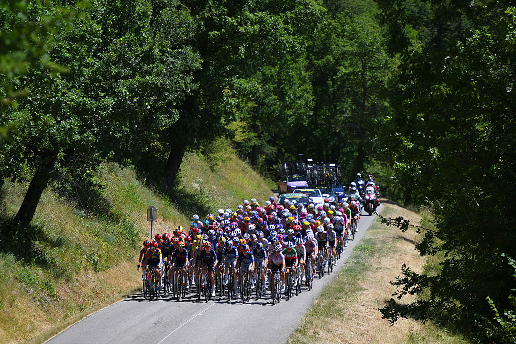 MONT VENTOUX, FRANCE - AUGUST 07: A general view of the peloton competing during the 5th Tour de France Femmes 2026, Stage 7 a 146.8km stage from La Voulte-sur-Rhone to Mont Ventoux 1901m / #UCIWWT / on August 07, 2026 in Mont Ventoux, France. (Photo by Alex Broadway/Getty Images)