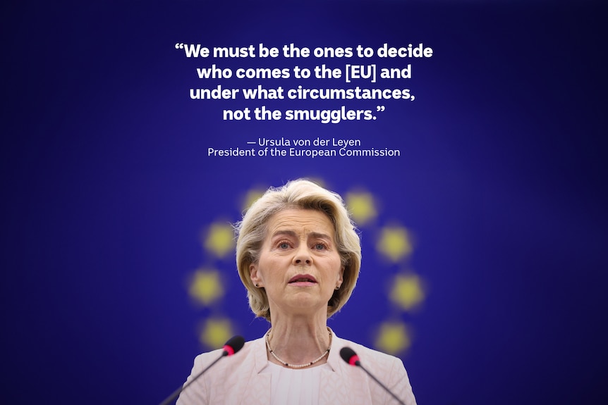 A blonde white woman in a pink blazer stands at a podium, with the EU flag behind her.