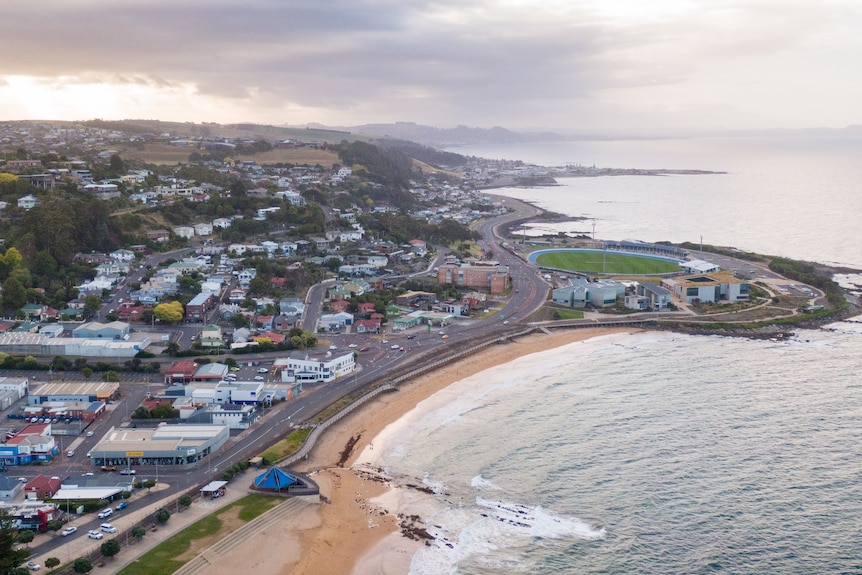 Aerial photo of Burnie Tasmania showing the beach and city.