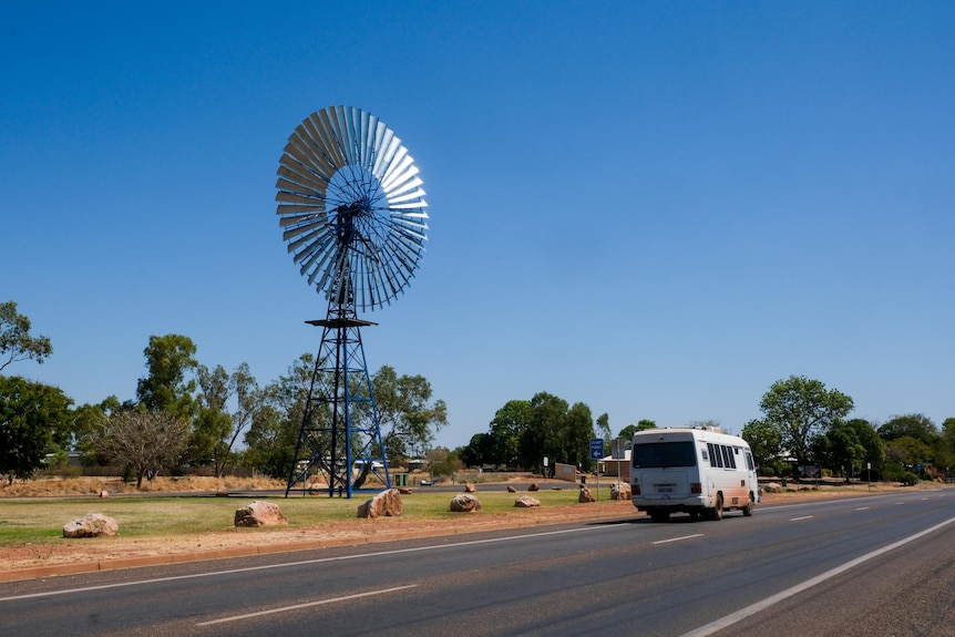 A windmill and streetscape in Cloncurry
