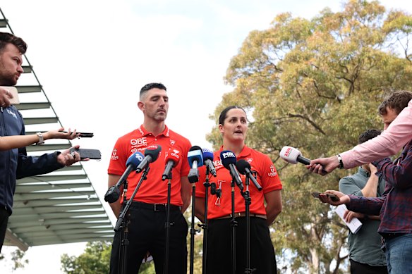 Swans AFLW captain Lucy McEvoy and coach Colin O’Riordan front the media. 