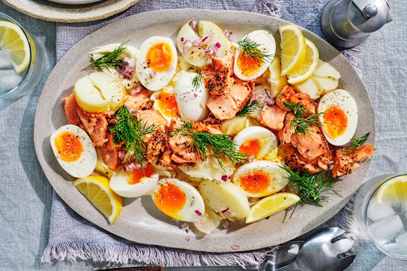 Adam Liaw’s hot smoked salmon with dill, eggs and new potatoes