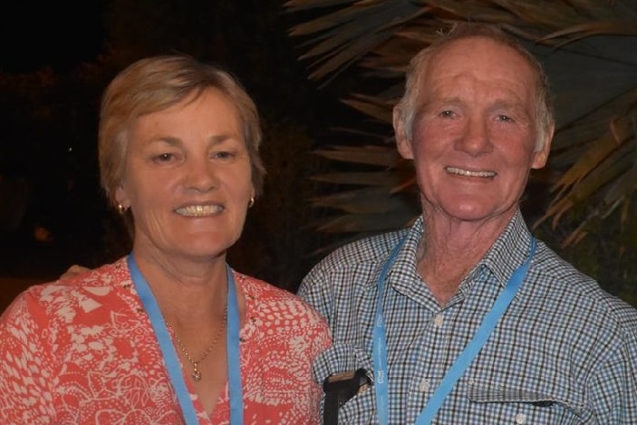 Maree and Mervyn Schwartz smile at the camera.