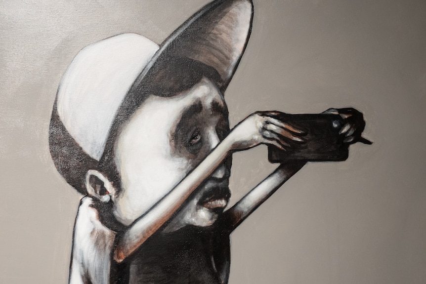 Black, white and grey artwork of a boy with a phone